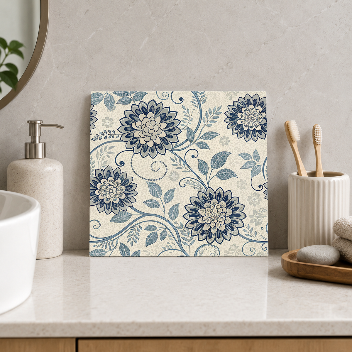 Dusty Blue Daisy Vines Tile displayed in the bathroom tile mock-up