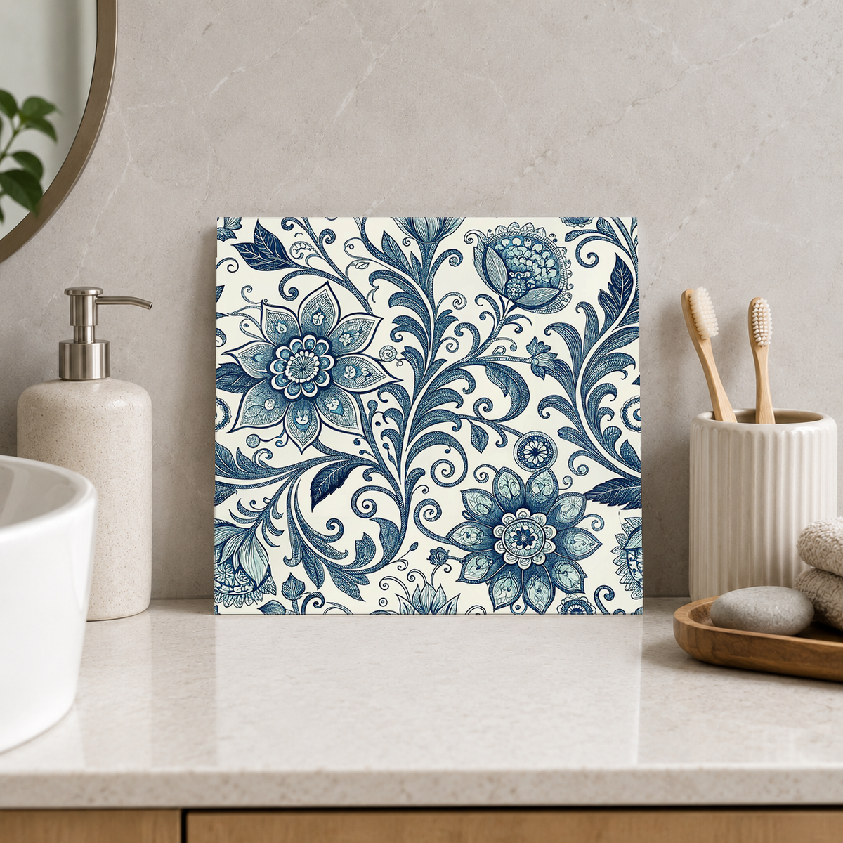 Dusty Blue Flowers and Seedheads Tile displayed in the bathroom tile mock-up