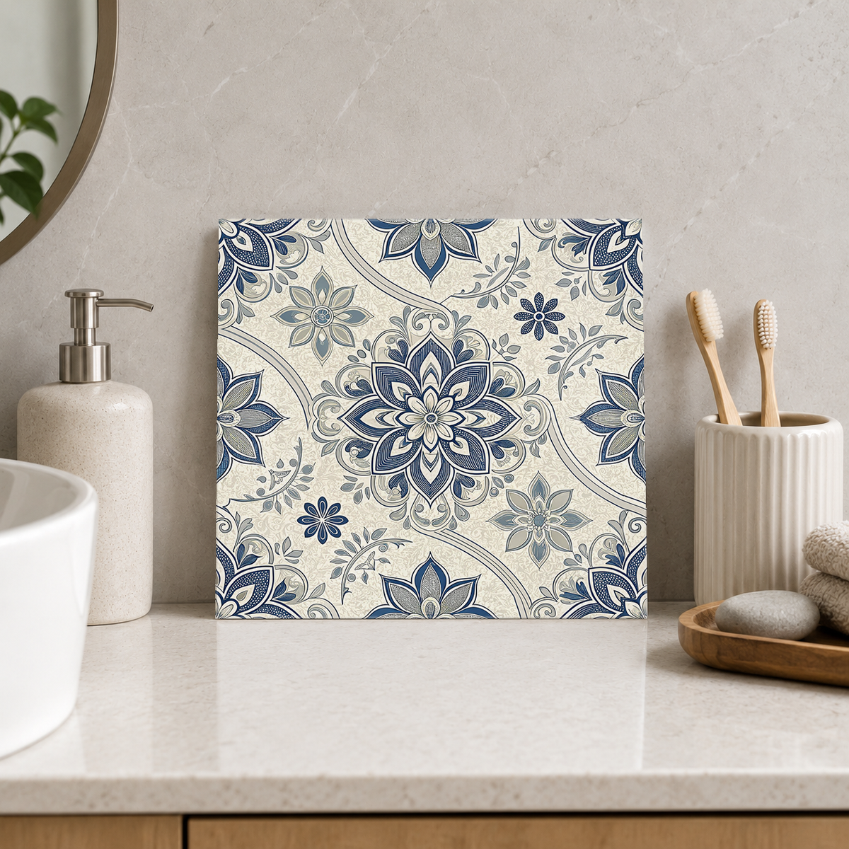 Dusty Blue Ornamental Blossom Tile displayed in the bathroom tile mock-up