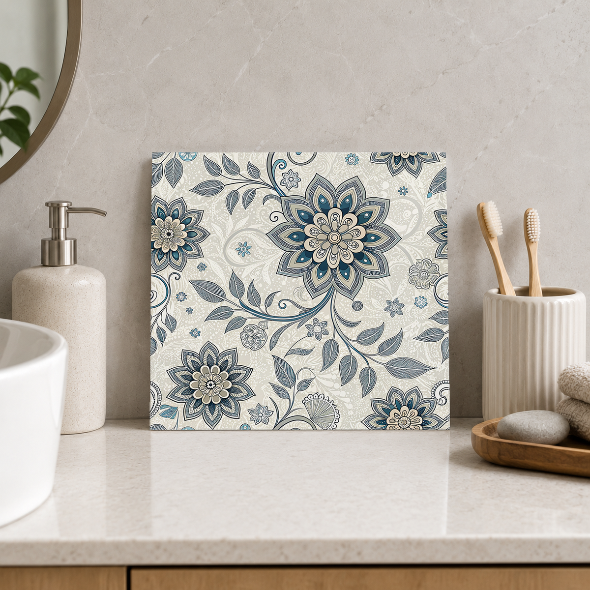 Dusty Blue Rosettes and Leaf Vines Tile displayed in the bathroom tile mock-up