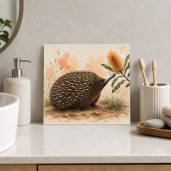 Echidna Among Banksias ceramic decorative tile in Pop Color, shown in a room mockup