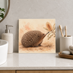 Echidna Among Banksias ceramic decorative tile in Warm Country, shown in a room mockup