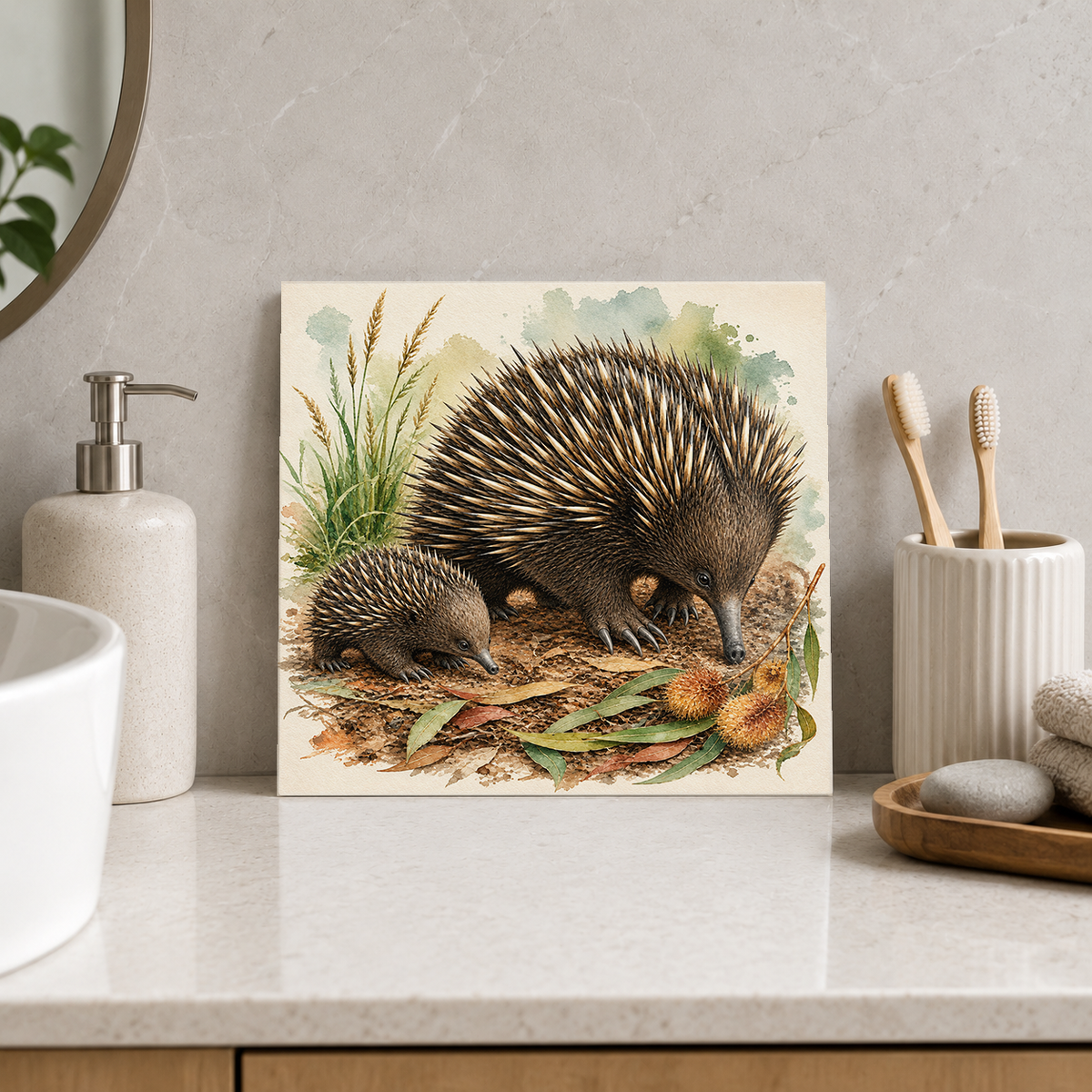 Echidna Family ceramic decorative tile in Pop Color, shown in a room mockup