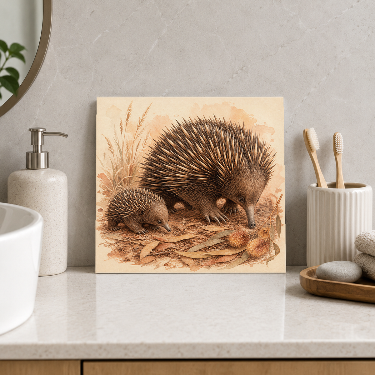 Echidna Family ceramic decorative tile in Warm Country, shown in a room mockup