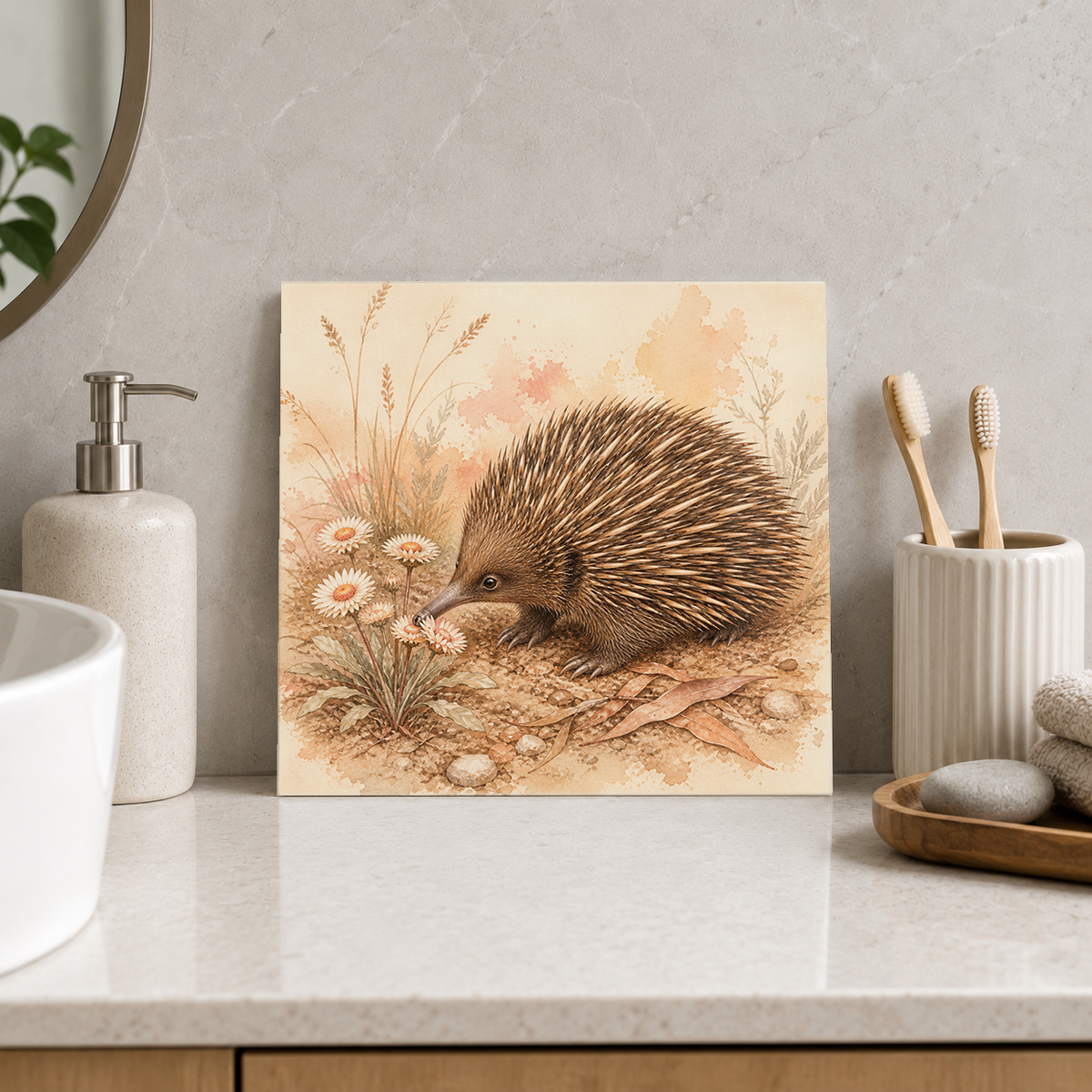 Echidna Florist ceramic decorative tile in Warm Country, shown in a room mockup
