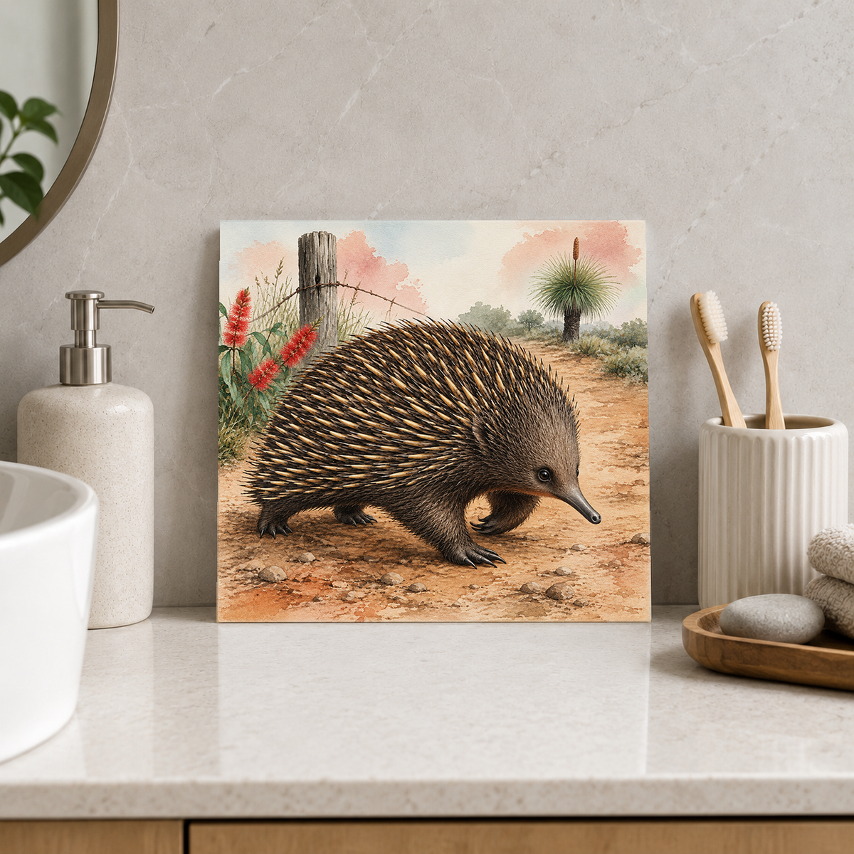 Echidna on the Bush Track ceramic decorative tile in Pop Color, shown in a room mockup