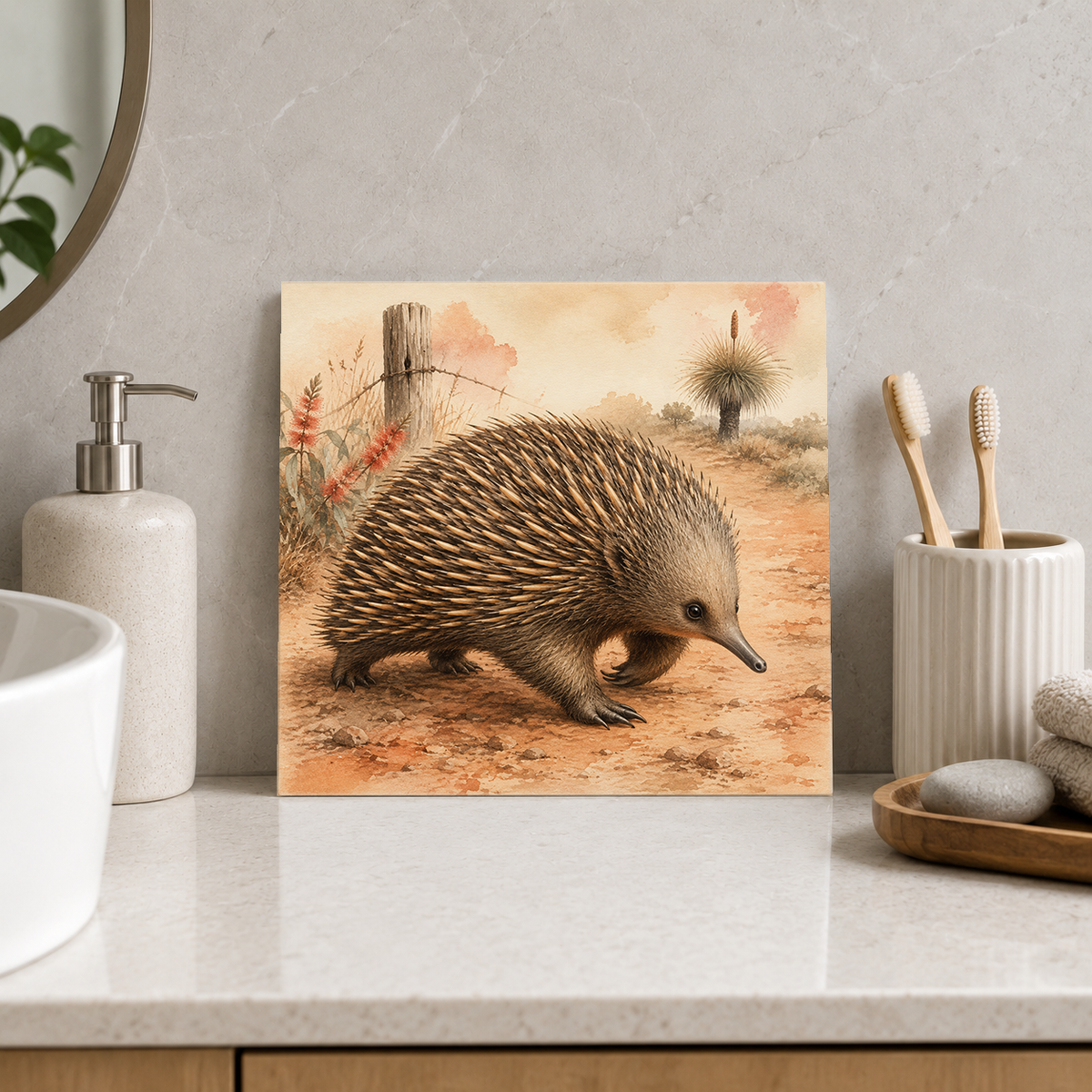 Echidna on the Bush Track ceramic decorative tile in Warm Country, shown in a room mockup