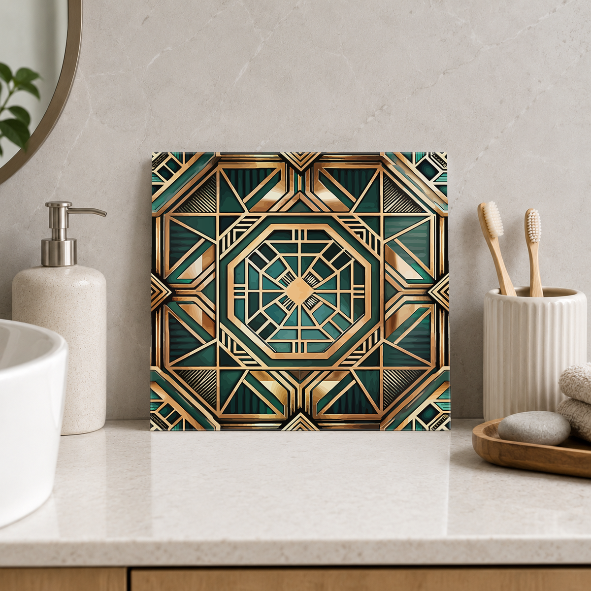 Emerald and Copper Octagonal Web Tile displayed in the bathroom tile mock-up