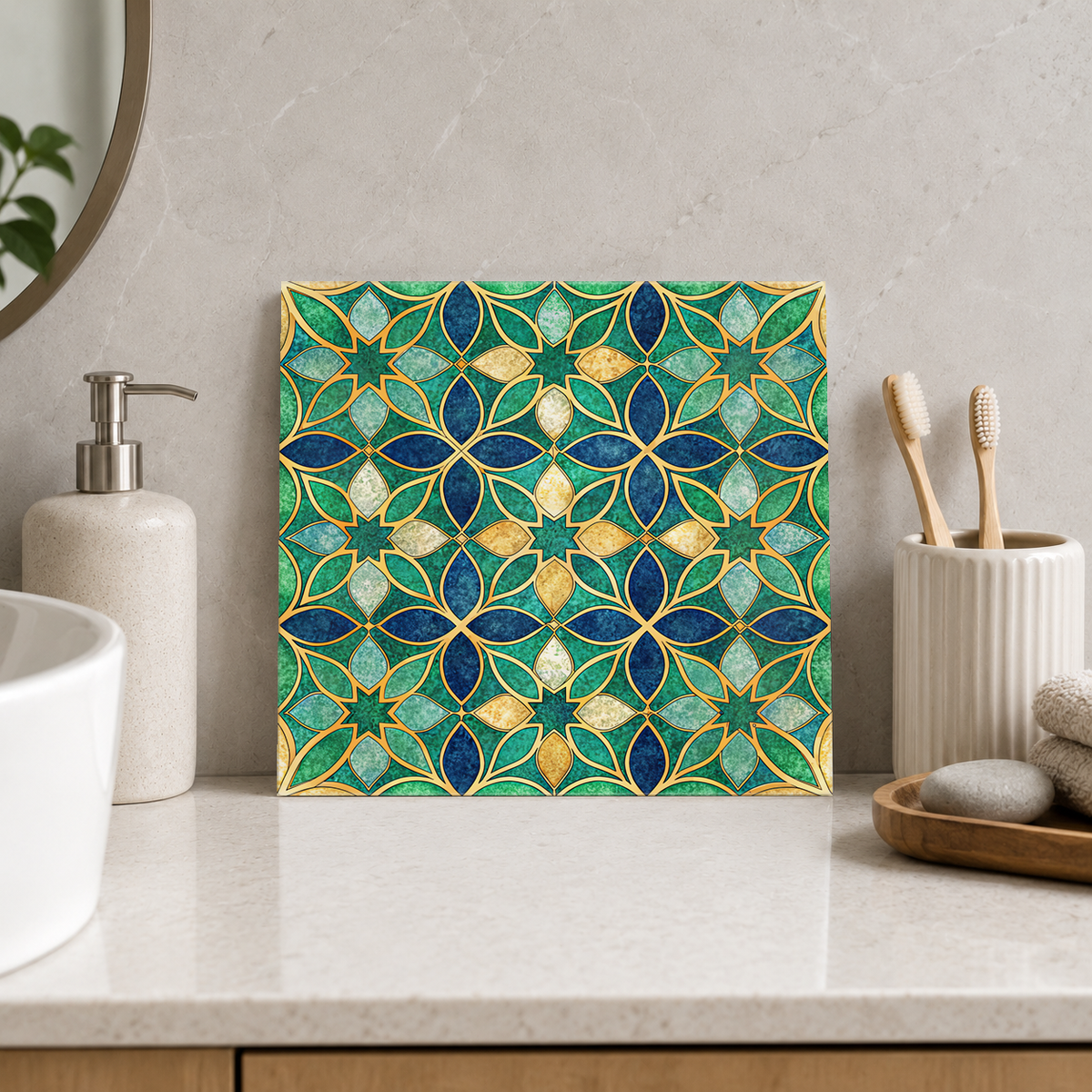 Emerald and Gold Circle Lattice Tile displayed in the bathroom tile mock-up