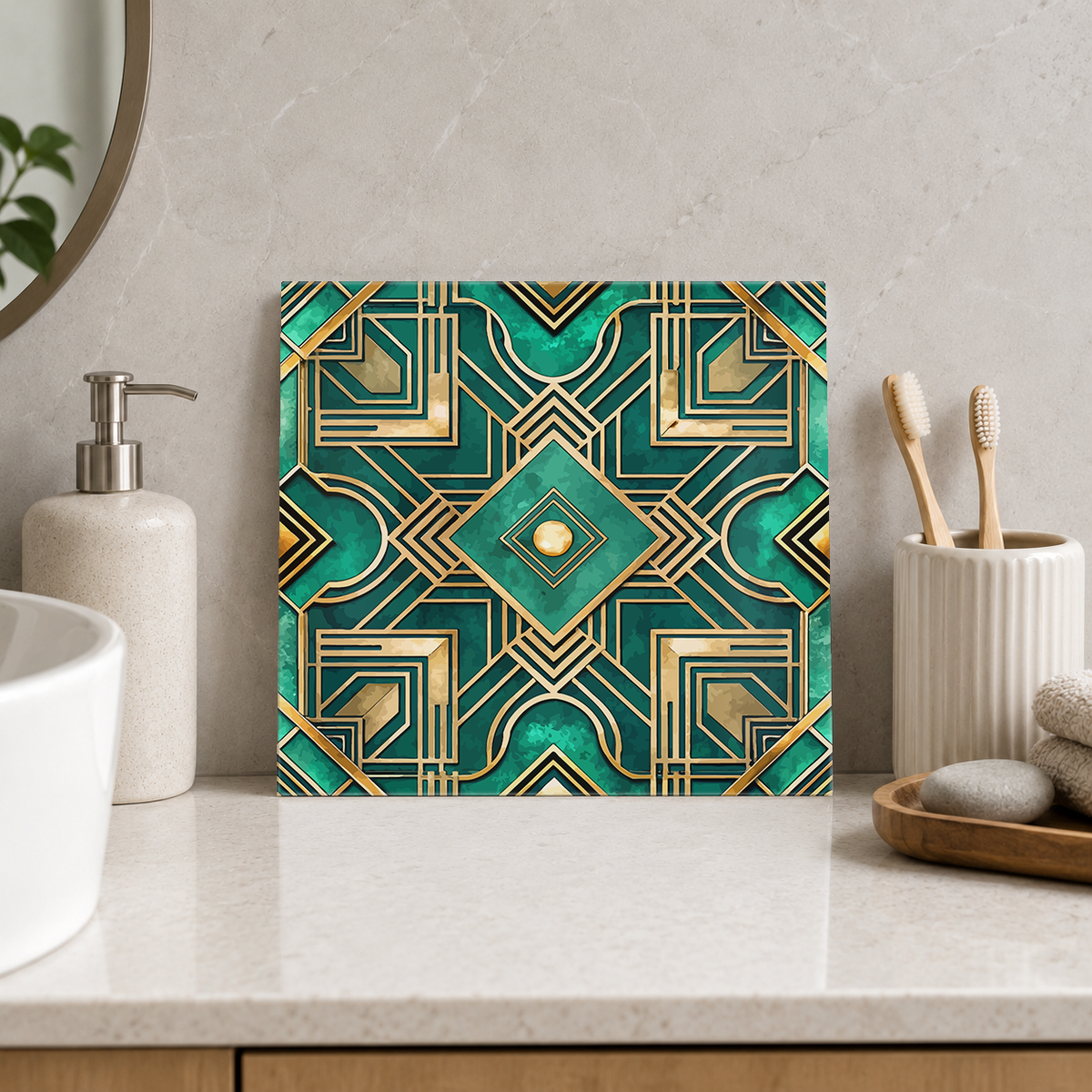 Emerald and Gold Diamond Cross Tile displayed in the bathroom tile mock-up