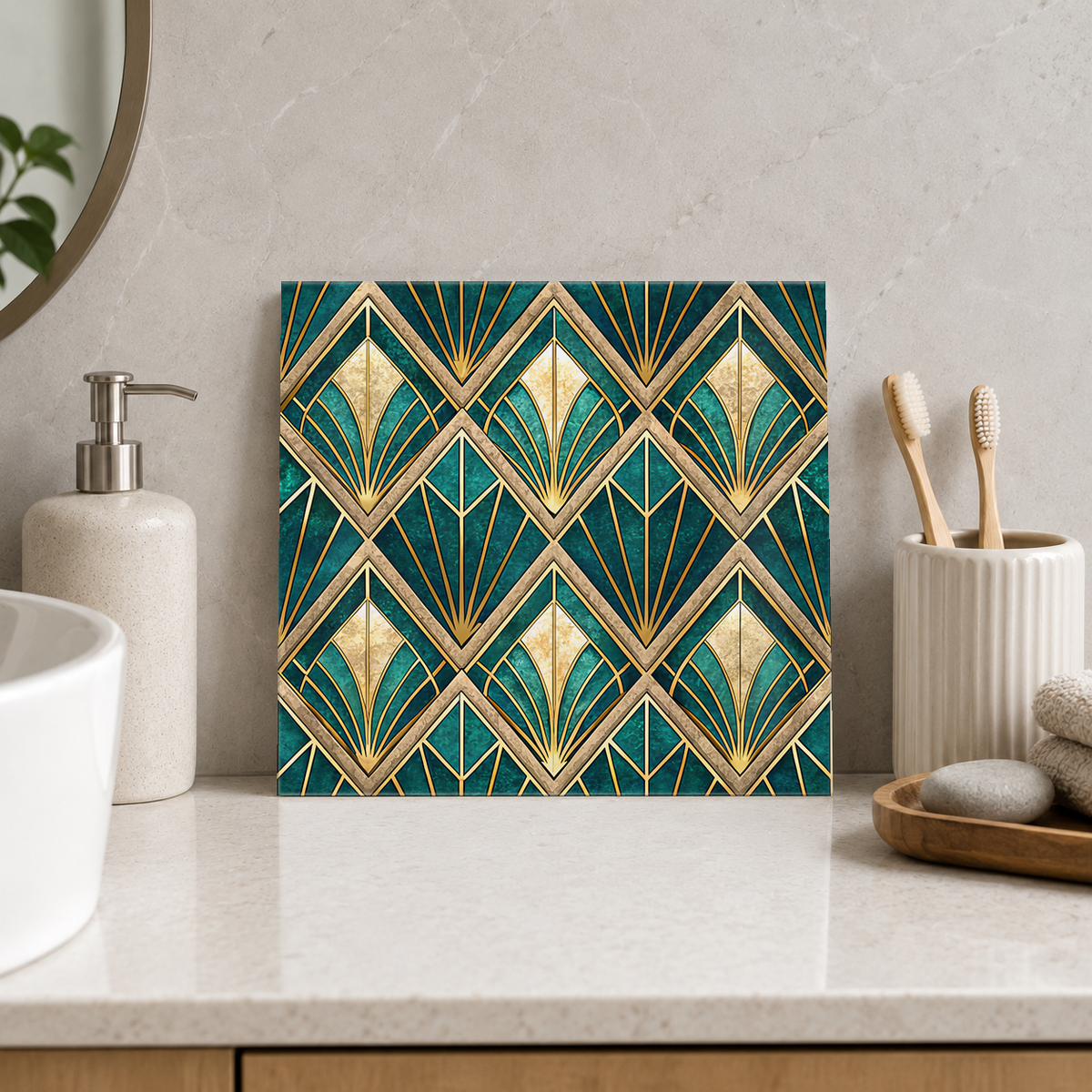 Emerald and Gold Pointed Fans Tile displayed in the bathroom tile mock-up