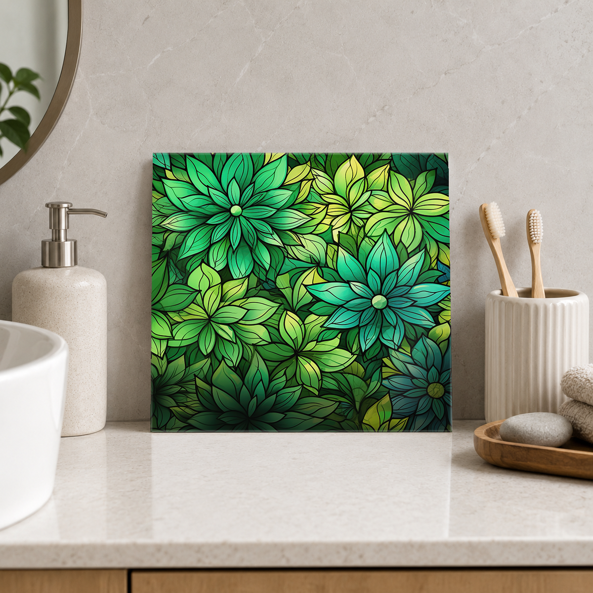 Emerald and Lime Leaf Rosettes Tile displayed in the bathroom tile mock-up