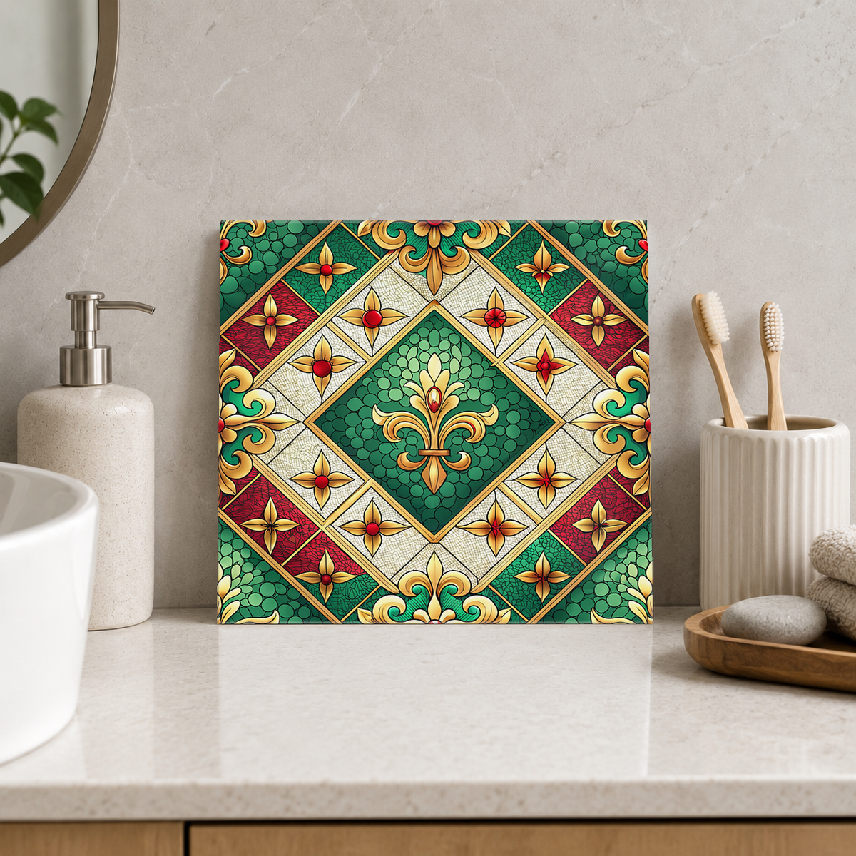 Emerald Fleur de Lis Diamonds Tile displayed in the bathroom tile mock-up