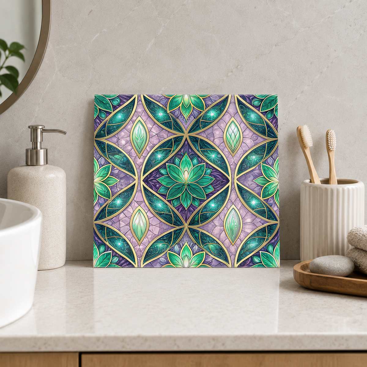 Emerald Floral Ogee Tile displayed in the bathroom tile mock-up