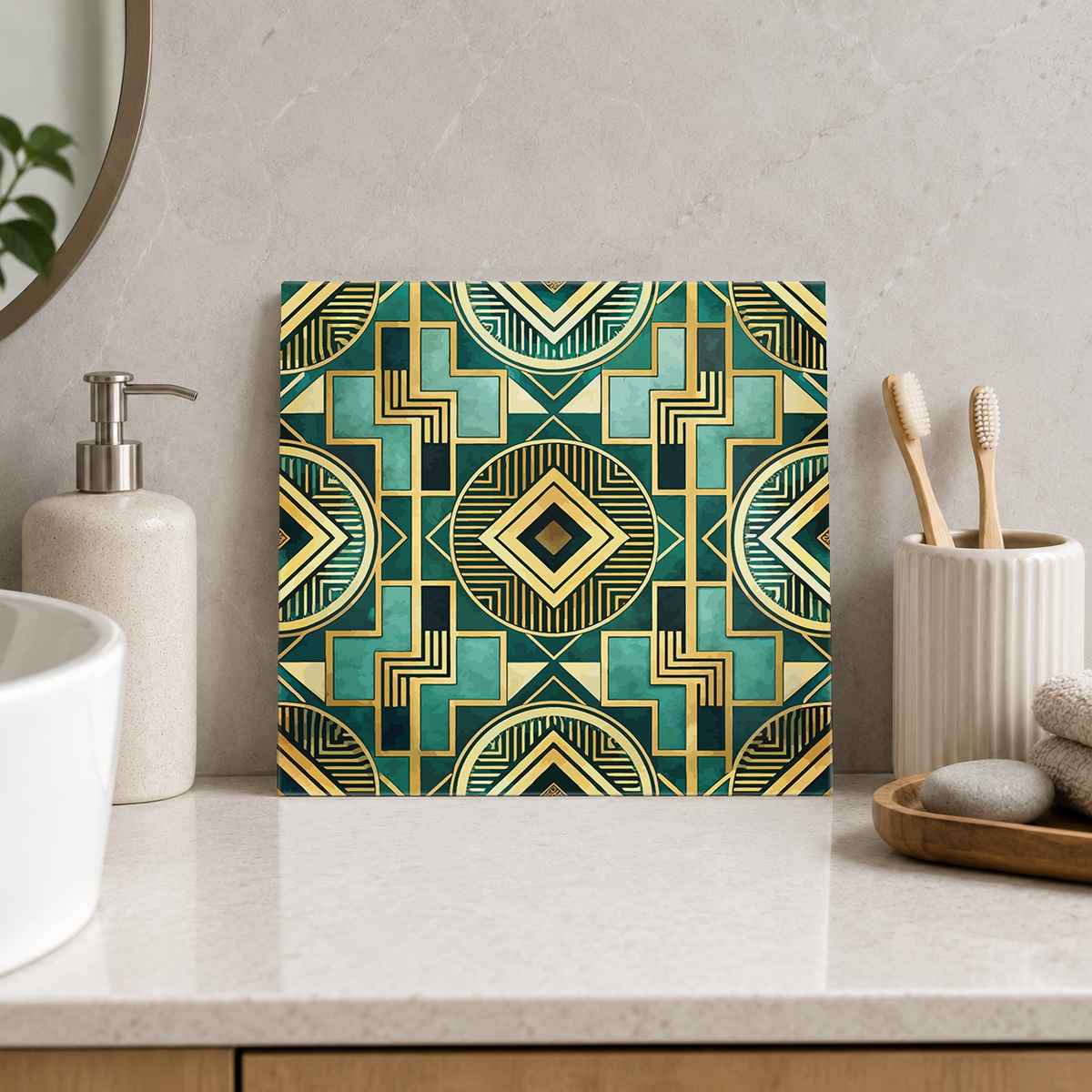 Emerald Geometric Medallions Tile displayed in the bathroom tile mock-up