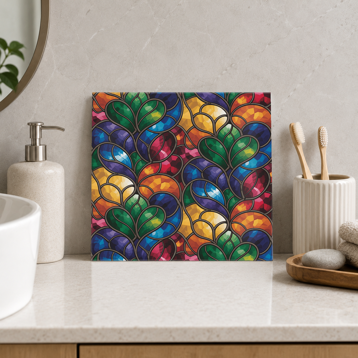 Emerald Leaf Fans on Jewel Glass Tile displayed in the bathroom tile mock-up