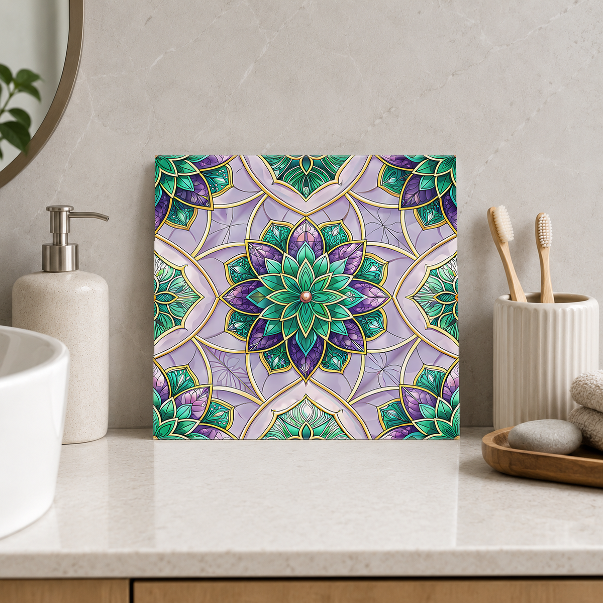 Emerald Lotus on Lilac Tile displayed in the bathroom tile mock-up
