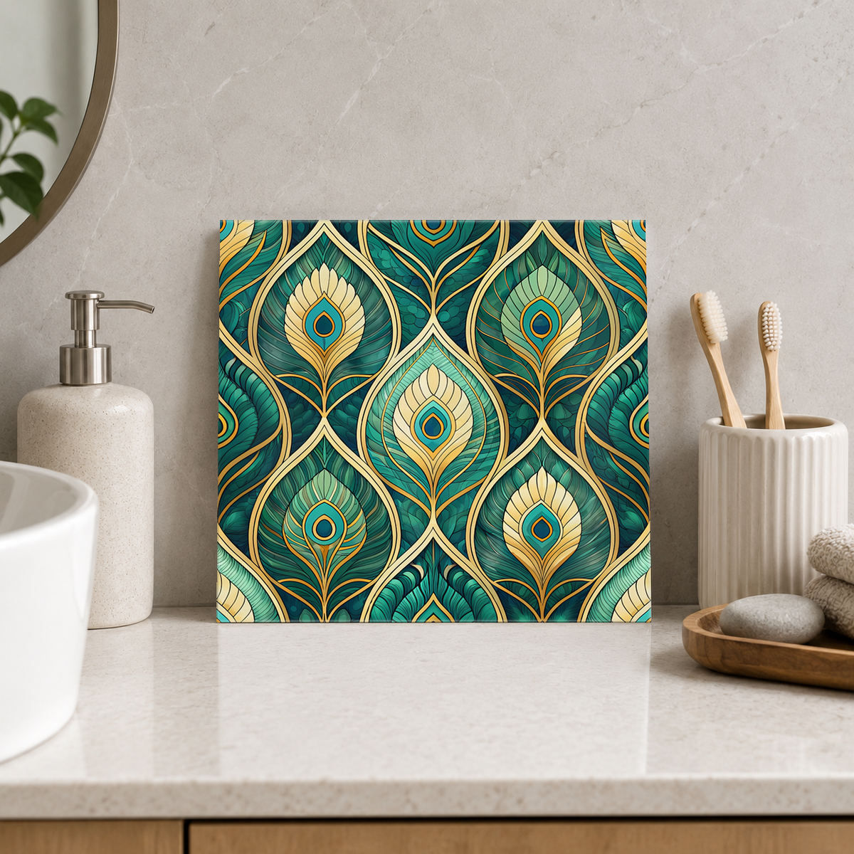 Emerald Peacock Feather Ogee Tile displayed in the bathroom tile mock-up