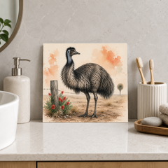 Emu at the Fence ceramic decorative tile in Pop Color, shown in a room mockup
