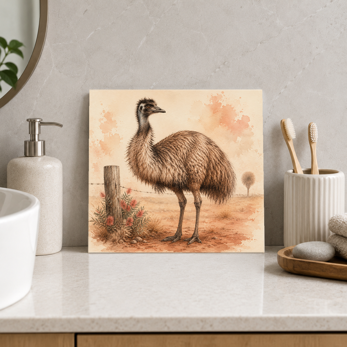 Emu at the Fence ceramic decorative tile in Warm Country, shown in a room mockup
