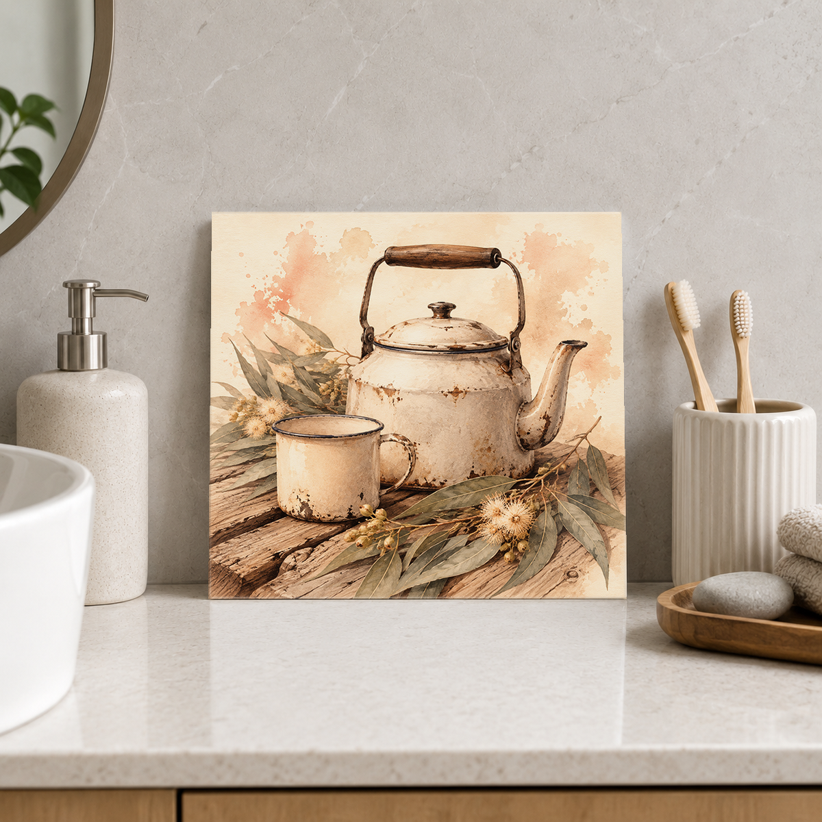 Enamel Billy ceramic decorative tile in Warm Country, shown in a room mockup