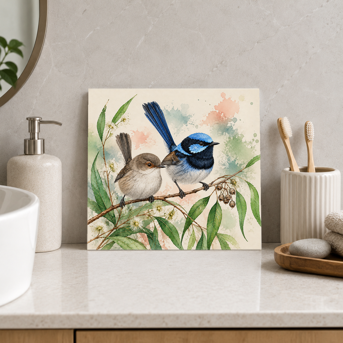 Fairy-wren Pair ceramic decorative tile in Pop Color, shown in a room mockup