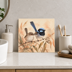 Fairy-wren Pair ceramic decorative tile in Warm Country, shown in a room mockup