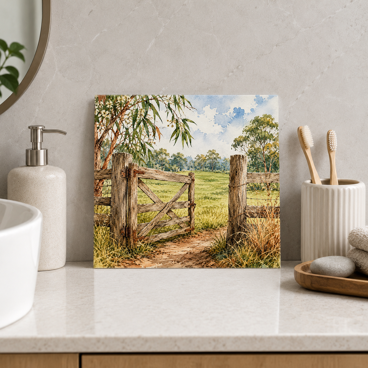 Farm Gate ceramic decorative tile in Pop Color, shown in a room mockup