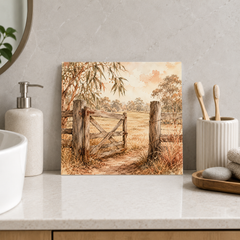 Farm Gate ceramic decorative tile in Warm Country, shown in a room mockup