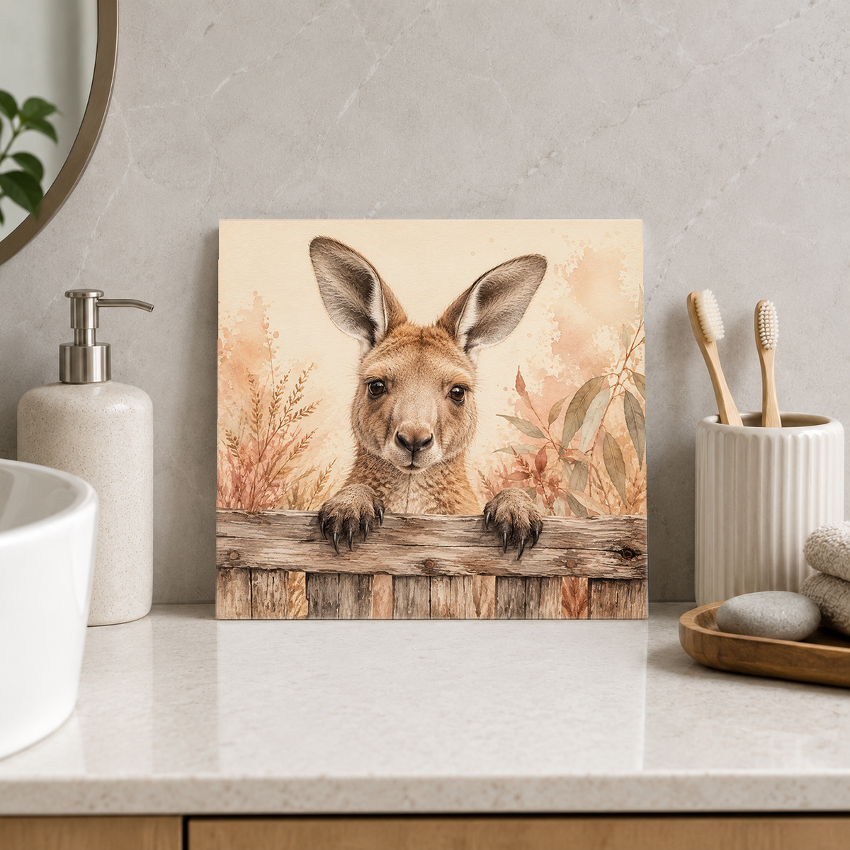 Fence Peeker ceramic decorative tile in Warm Country, shown in a room mockup