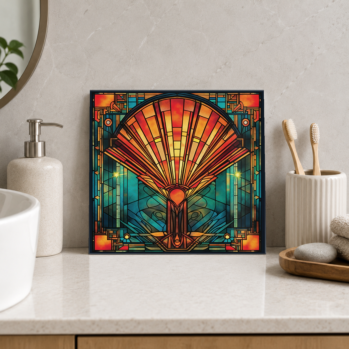 Fiery Orange Shell Fan Tile displayed in the bathroom tile mock-up