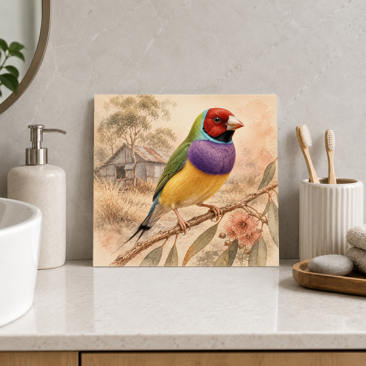 Finch by the Country Shed ceramic decorative tile in Warm Country, shown in a room mockup