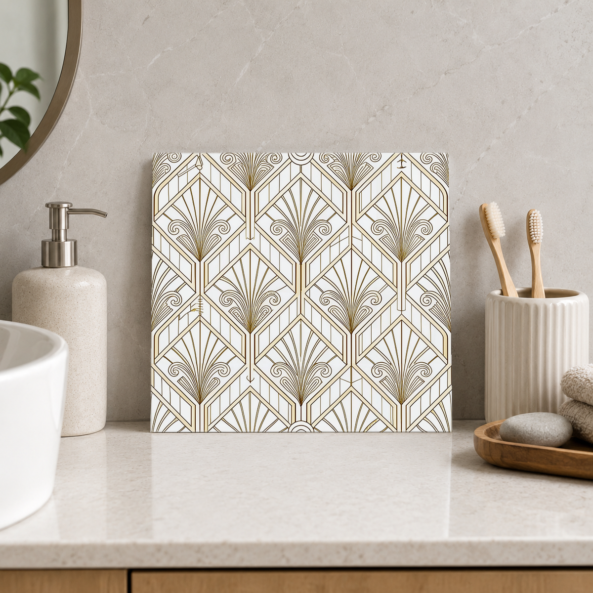 Fine Gold Fans on Ivory Tile displayed in the bathroom tile mock-up