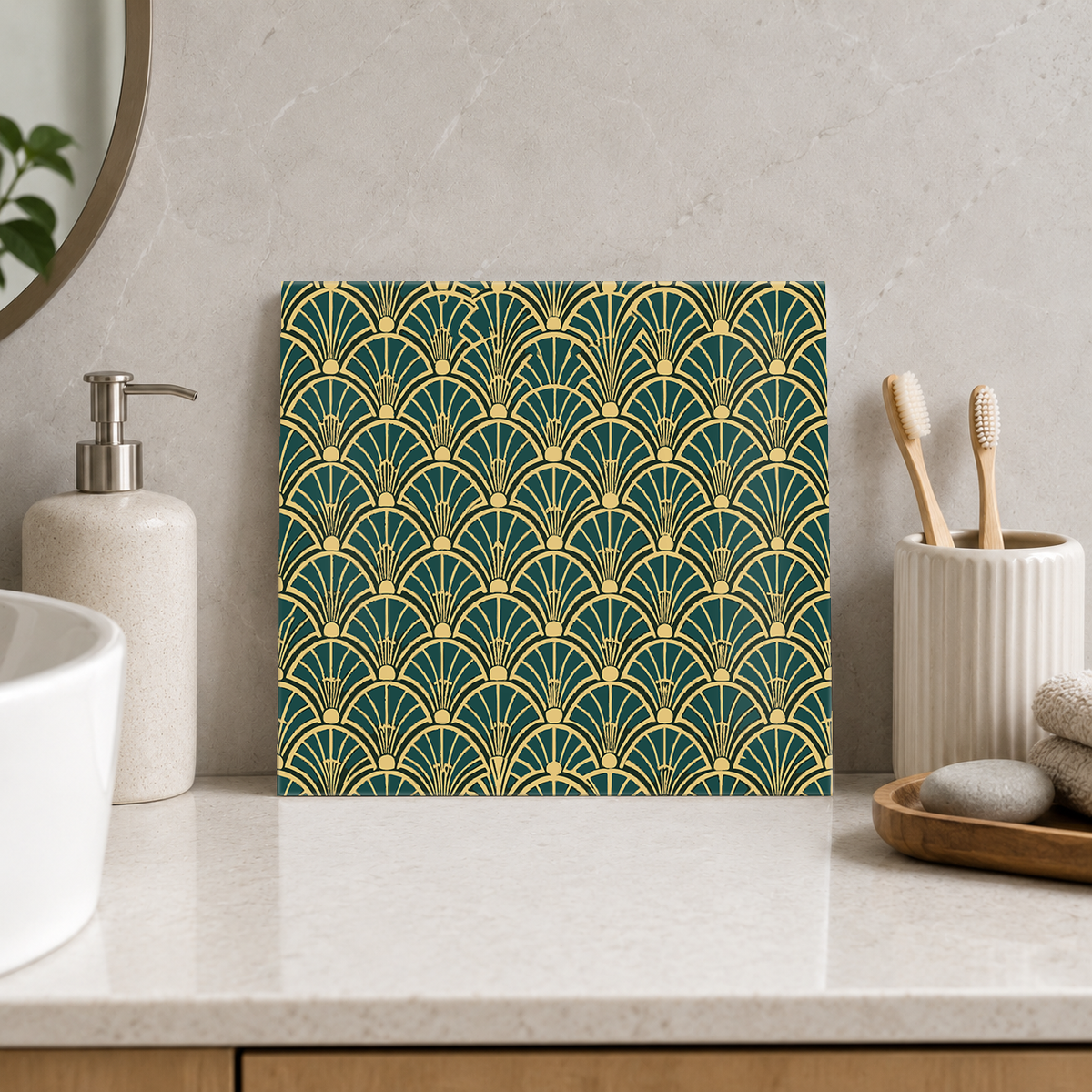 Fine Golden Fans on Emerald Tile displayed in the bathroom tile mock-up