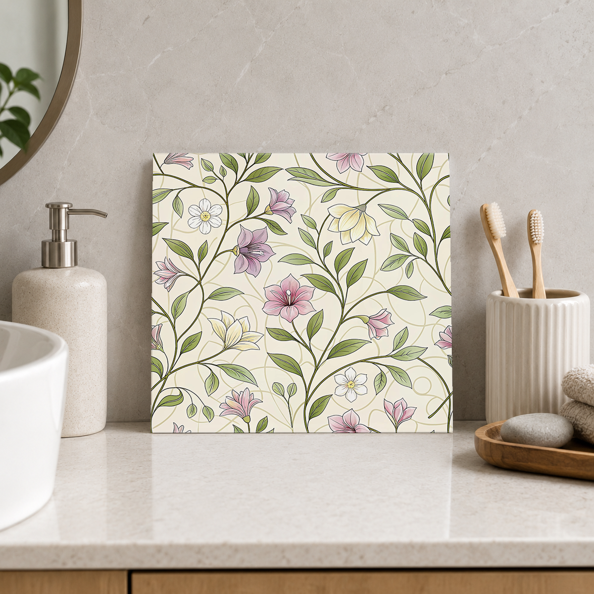 Fine Pastel Wildflower Vines Tile displayed in the bathroom tile mock-up