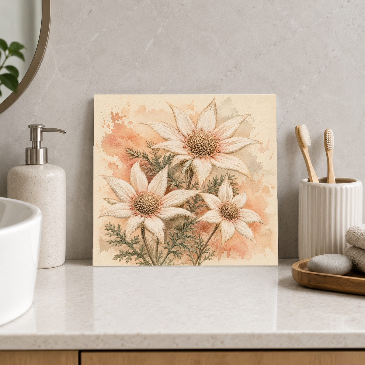 Flannel Flower ceramic decorative tile in Warm Country, shown in a room mockup