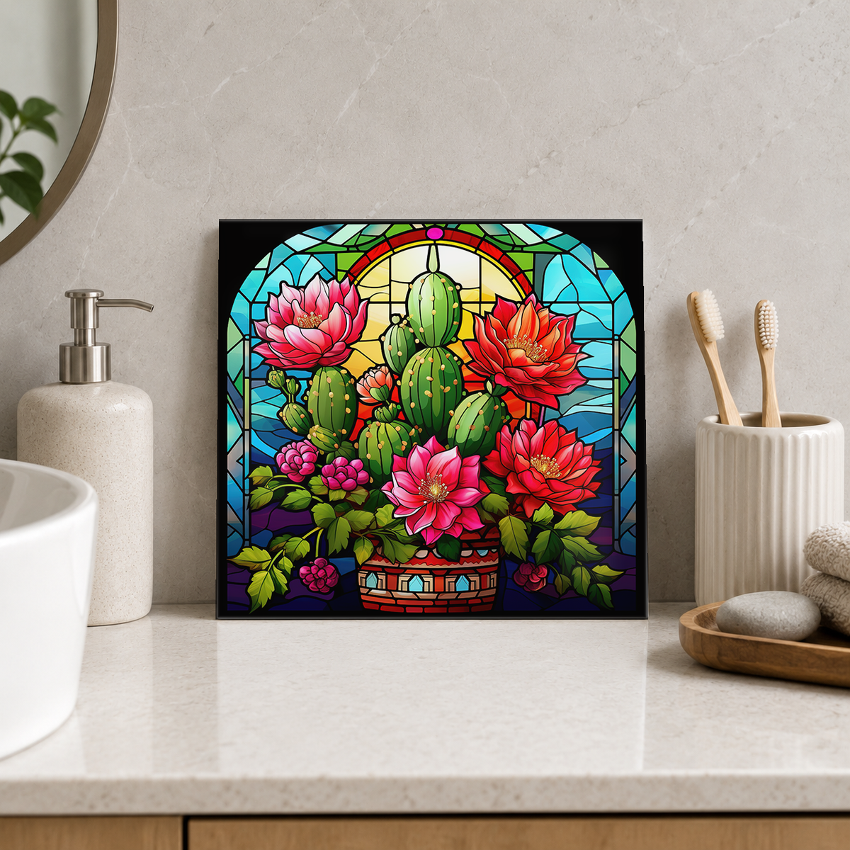 Flowering Cactus in Pot Tile displayed in the bathroom tile mock-up