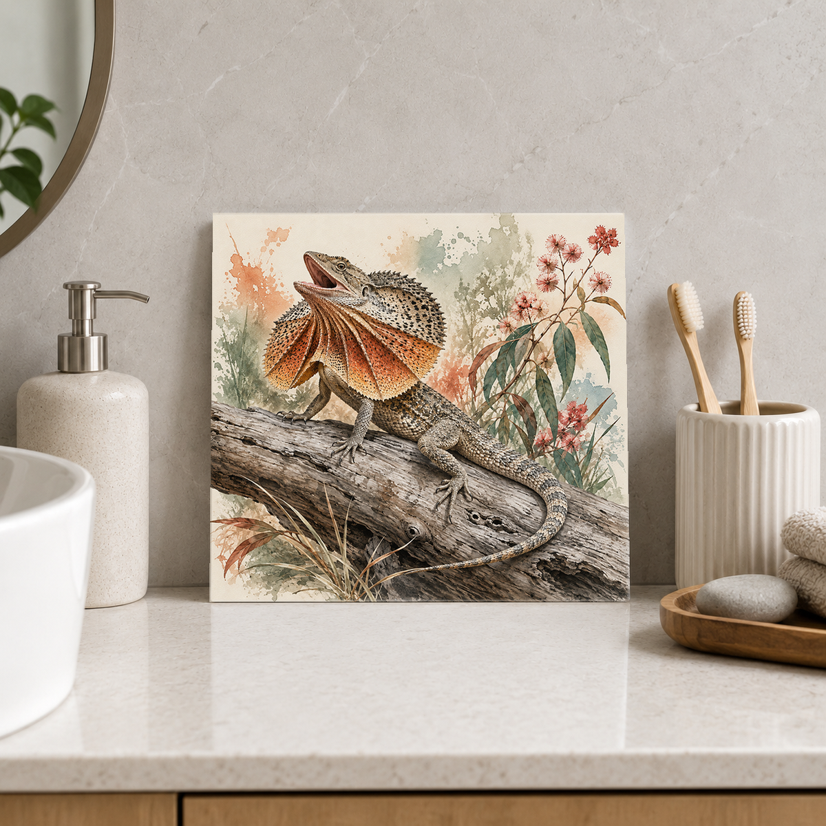 Frill-necked Lizard ceramic decorative tile in Pop Color, shown in a room mockup