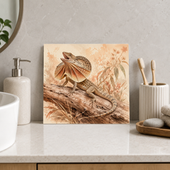 Frill-necked Lizard ceramic decorative tile in Warm Country, shown in a room mockup