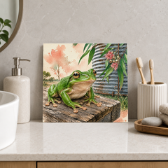 Frog by the Water Tank ceramic decorative tile in Pop Color, shown in a room mockup