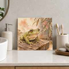 Frog by the Water Tank ceramic decorative tile in Warm Country, shown in a room mockup