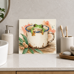 Frog in a Mug ceramic decorative tile in Pop Color, shown in a room mockup