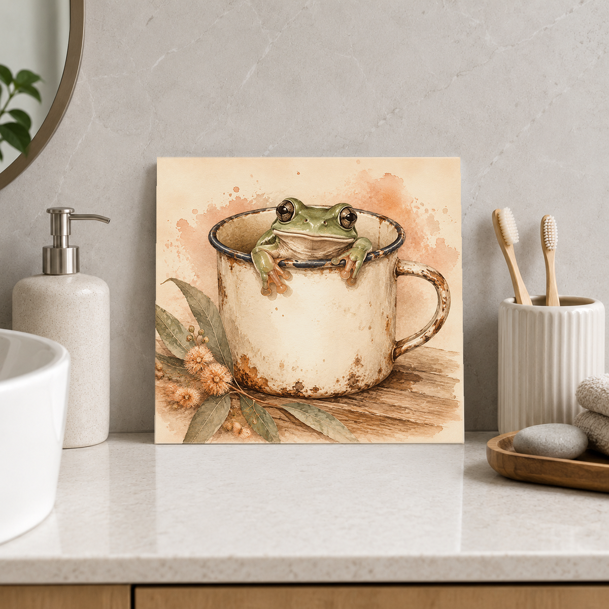 Frog in a Mug ceramic decorative tile in Warm Country, shown in a room mockup