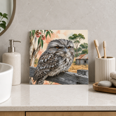 Frogmouth on the Old Rail ceramic decorative tile in Pop Color, shown in a room mockup