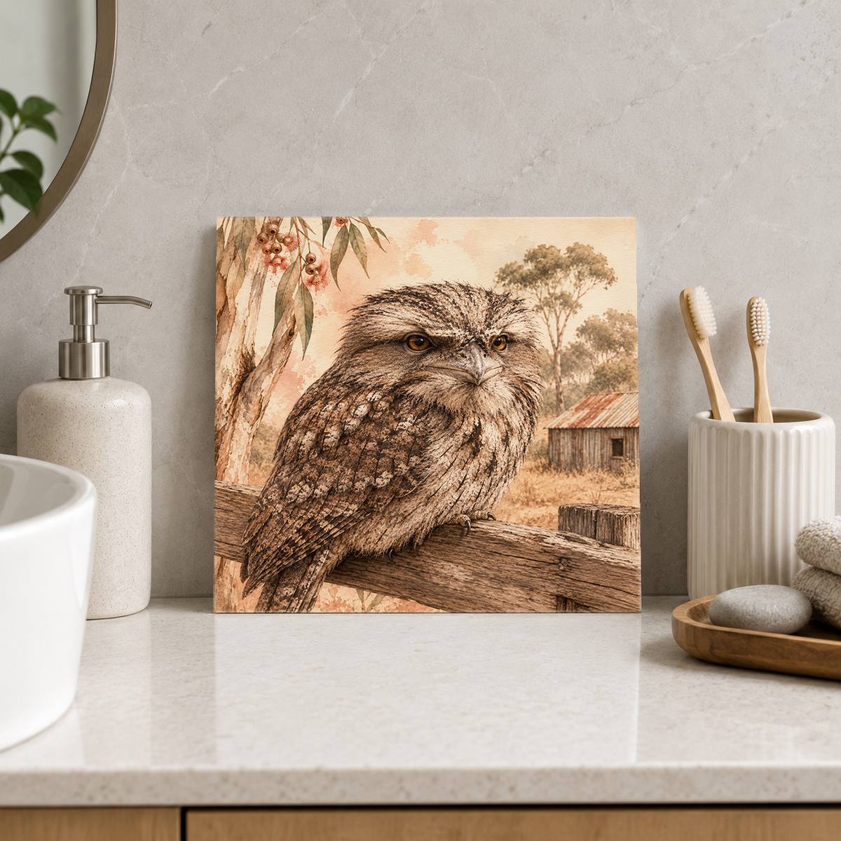 Frogmouth on the Old Rail ceramic decorative tile in Warm Country, shown in a room mockup