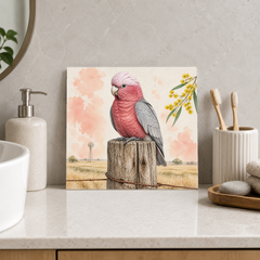 Galah on the Country Fence ceramic decorative tile in Pop Color, shown in a room mockup