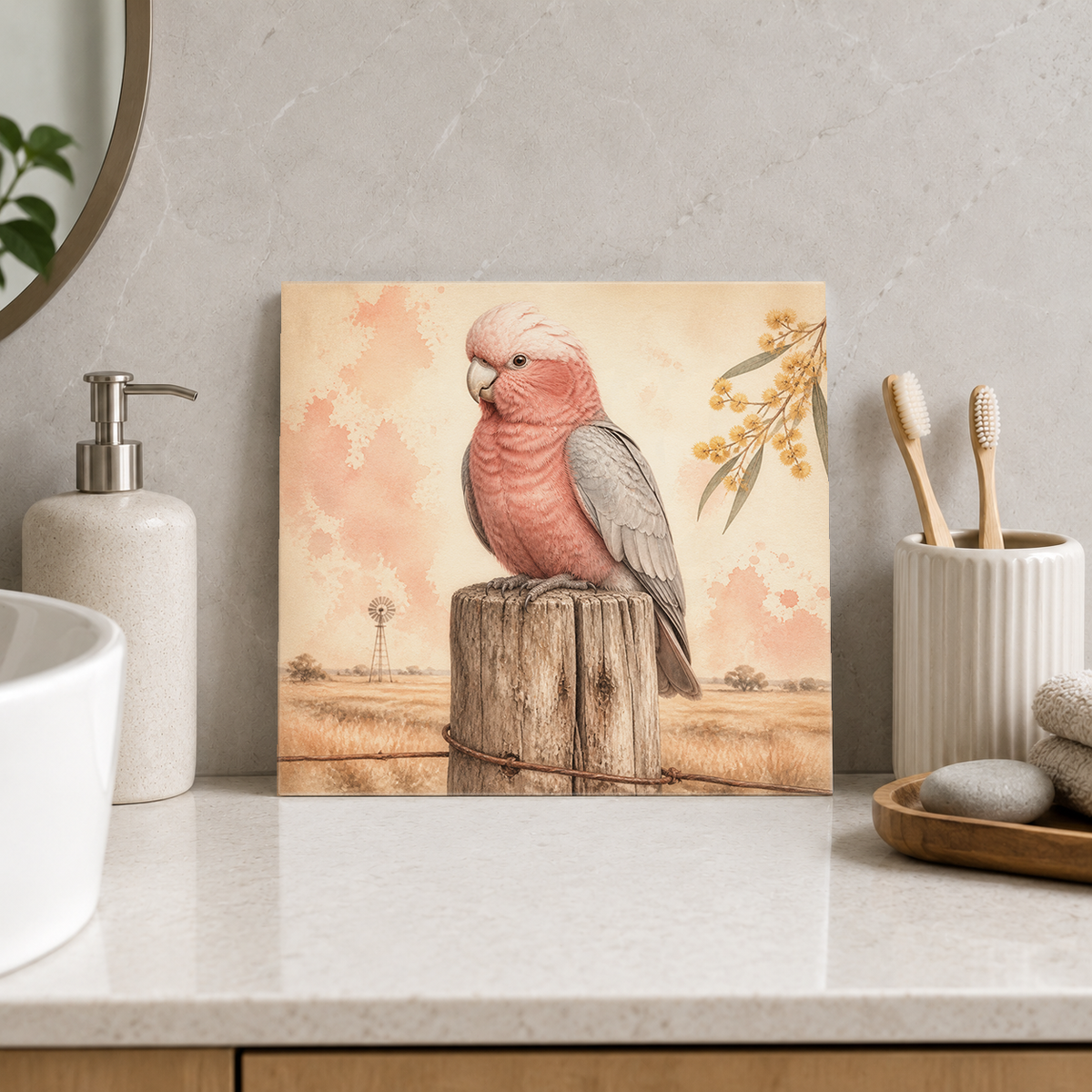 Galah on the Country Fence ceramic decorative tile in Warm Country, shown in a room mockup