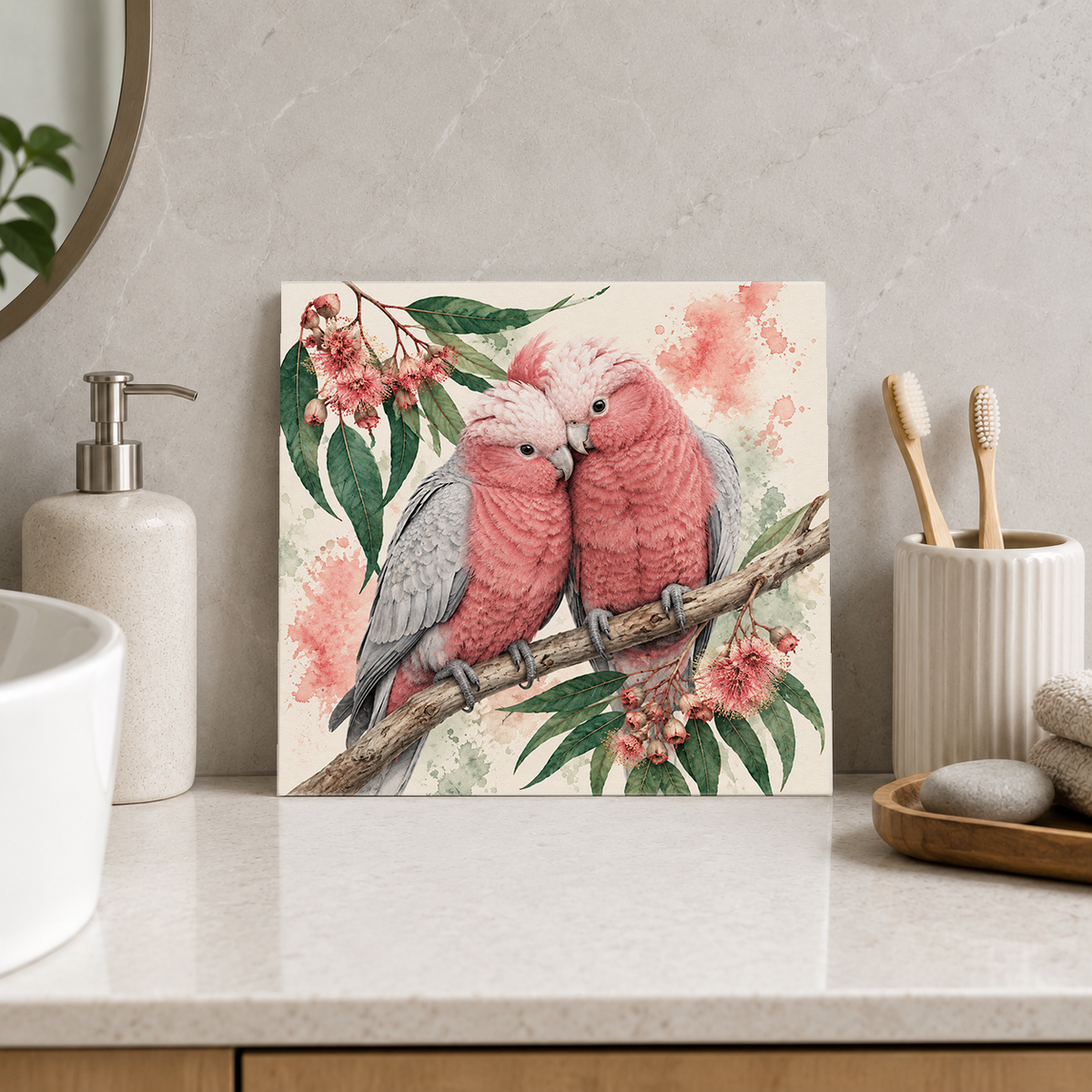 Galah Pair ceramic decorative tile in Pop Color, shown in a room mockup