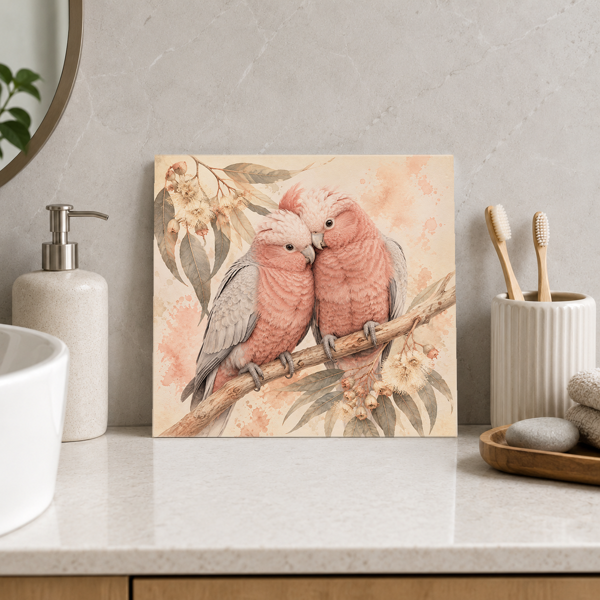 Galah Pair ceramic decorative tile in Warm Country, shown in a room mockup