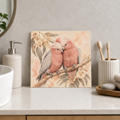 Galah Pair ceramic decorative tile in Warm Country, shown in a room mockup